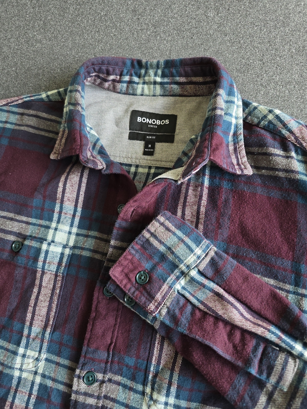 Bonobos Stretch Plaid Flannel Shirt Men's Medium Slim Fit Burgundy Long Sleeve